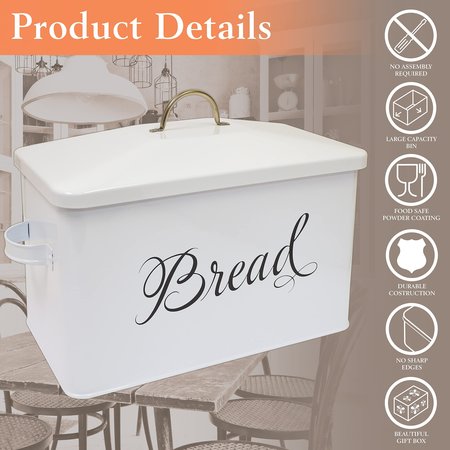 Better Kitchen Products Classic Metal Bread Box with Side Handles and Lid, Large Capacity 2 Bread Loaves, White 97503